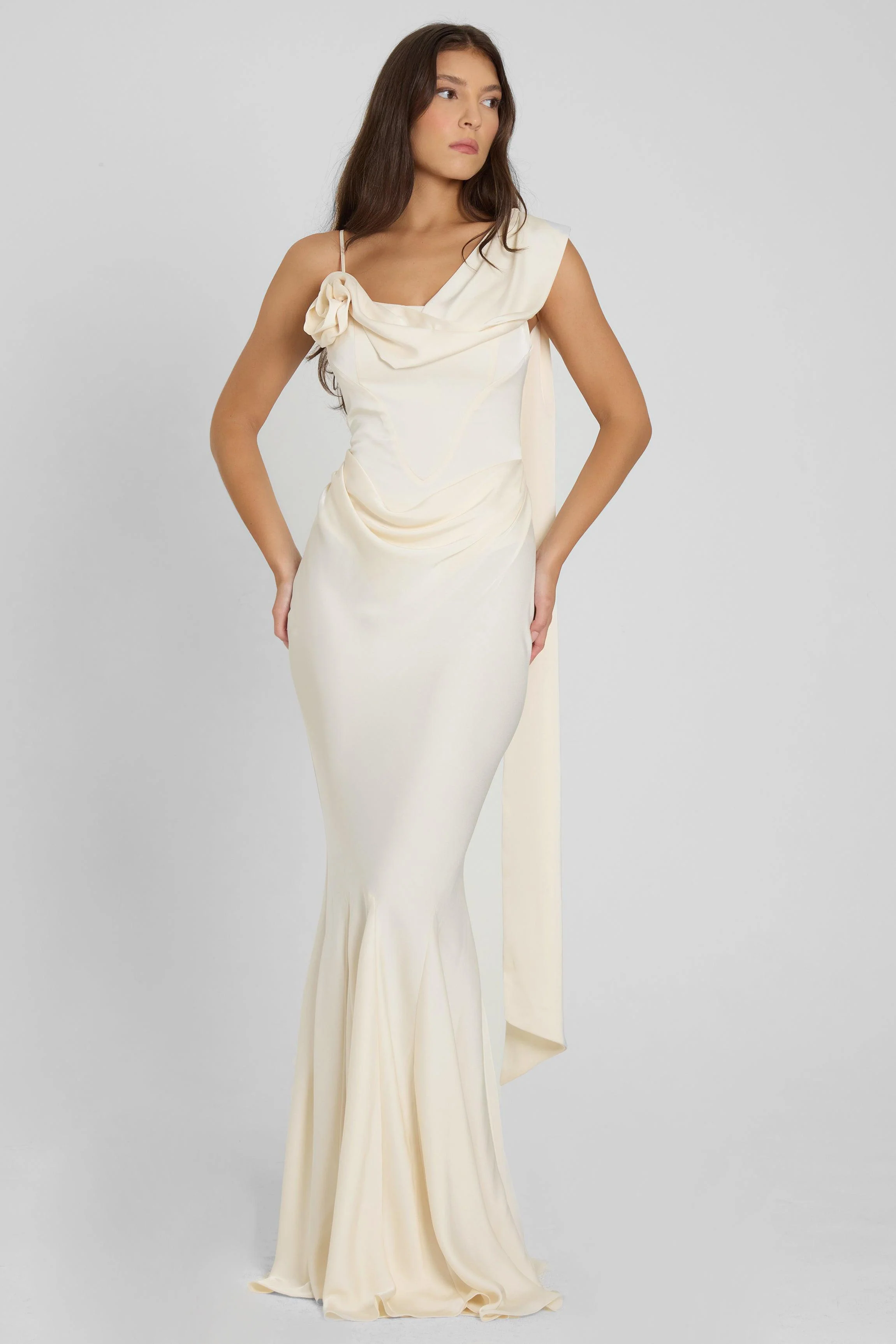 Celine Corset Drape Satin Gown - Ivory - Image 6