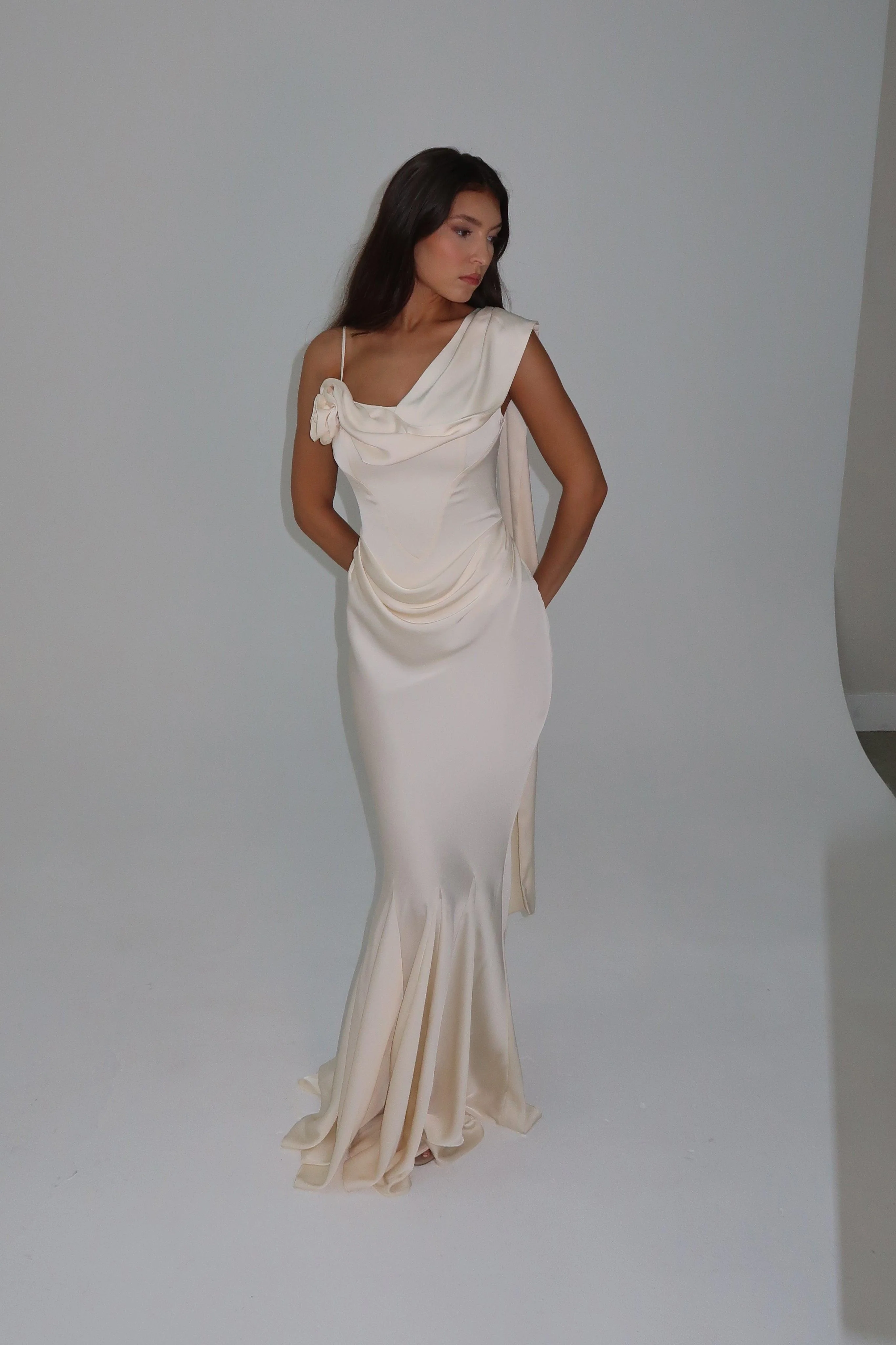 Celine Corset Drape Satin Gown - Ivory - Image 9