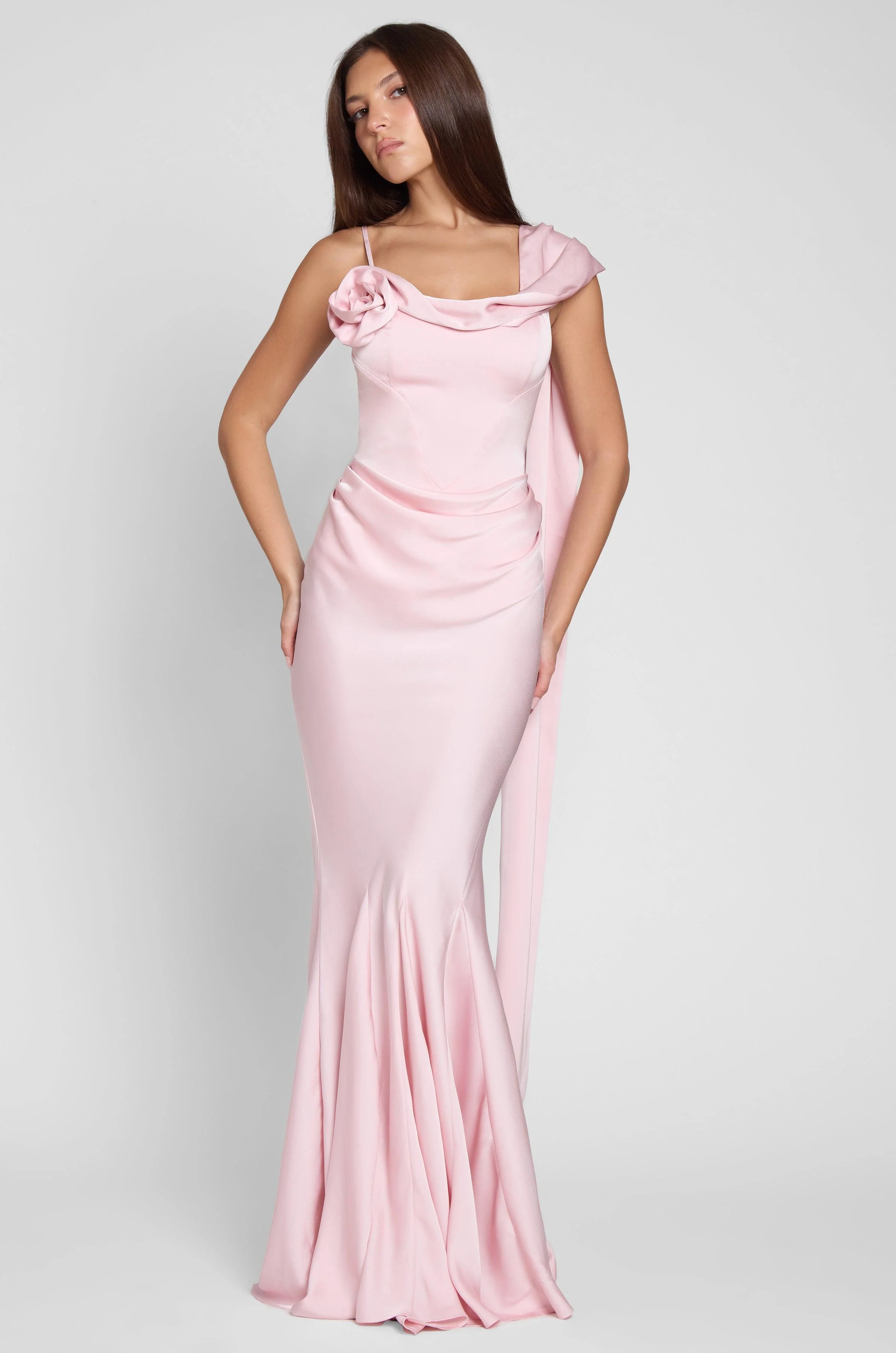 Celine Corset Drape Satin Gown - Pink - Image 9