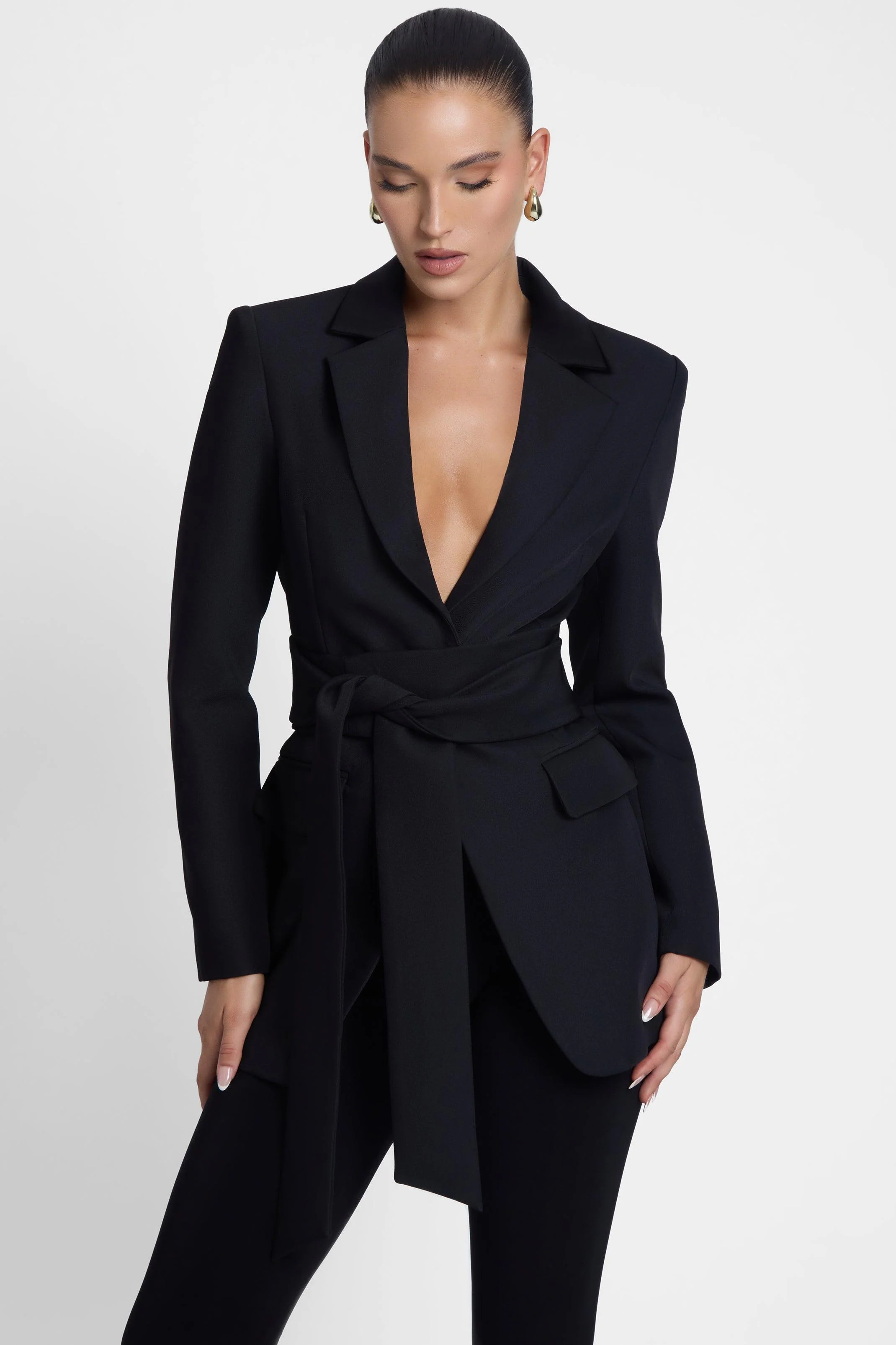 Classic Column Tailored Belted Blazer - Black - Image 3