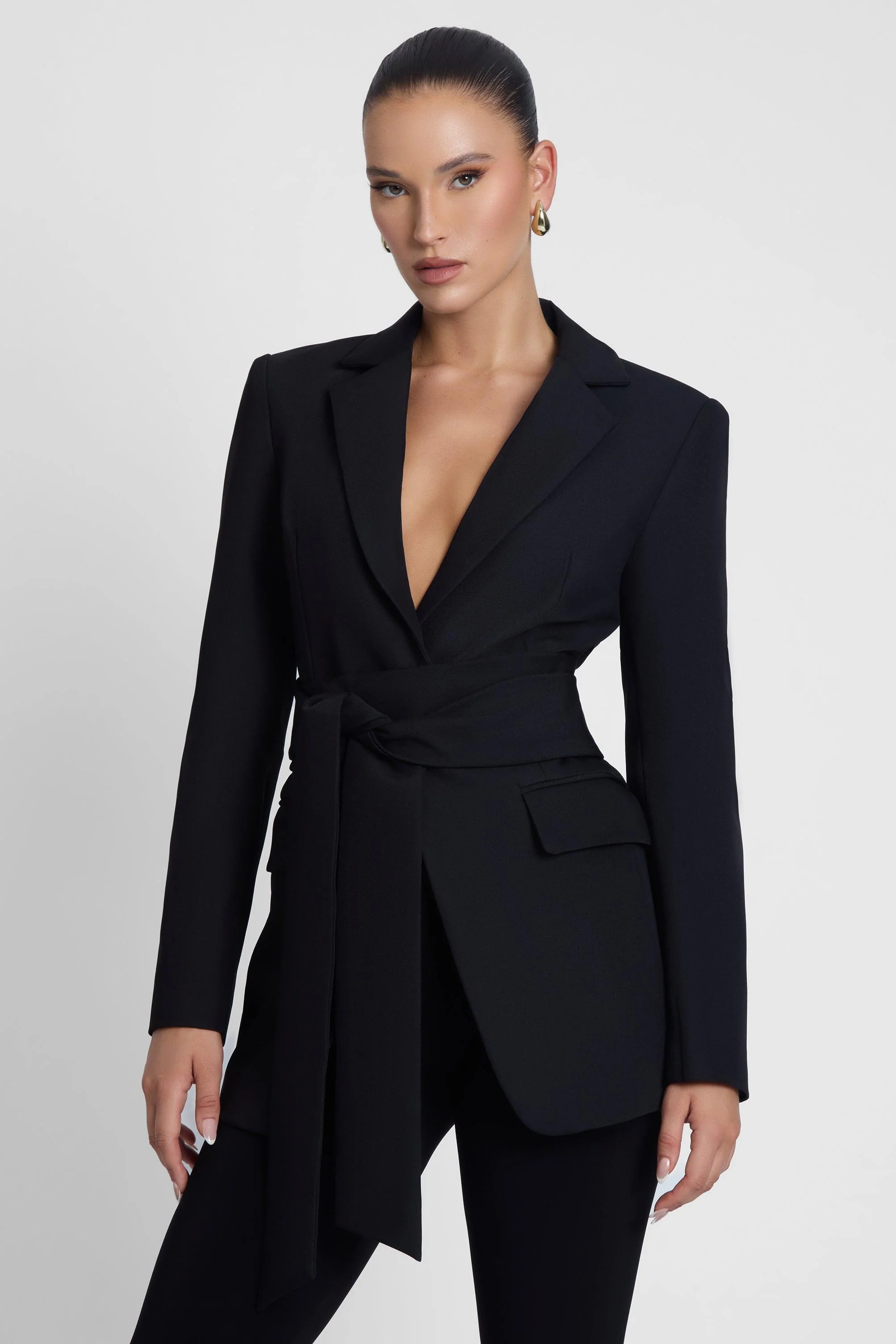 Classic Column Tailored Belted Blazer - Black - Image 4