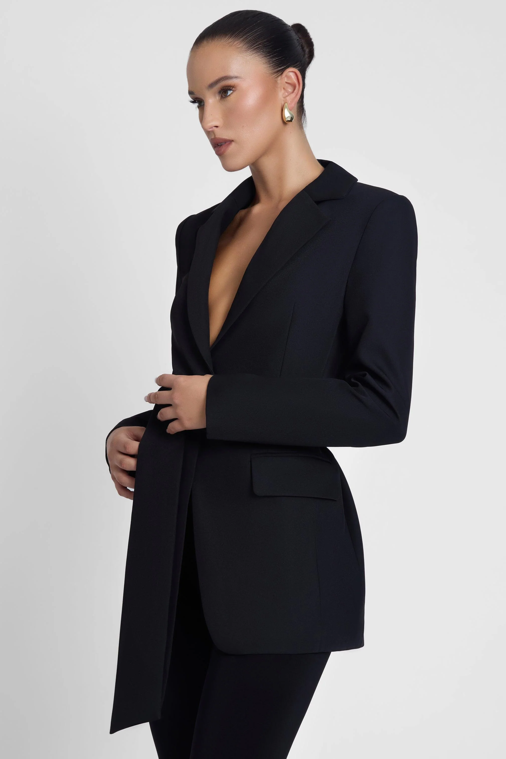 Classic Column Tailored Belted Blazer - Black - Image 5