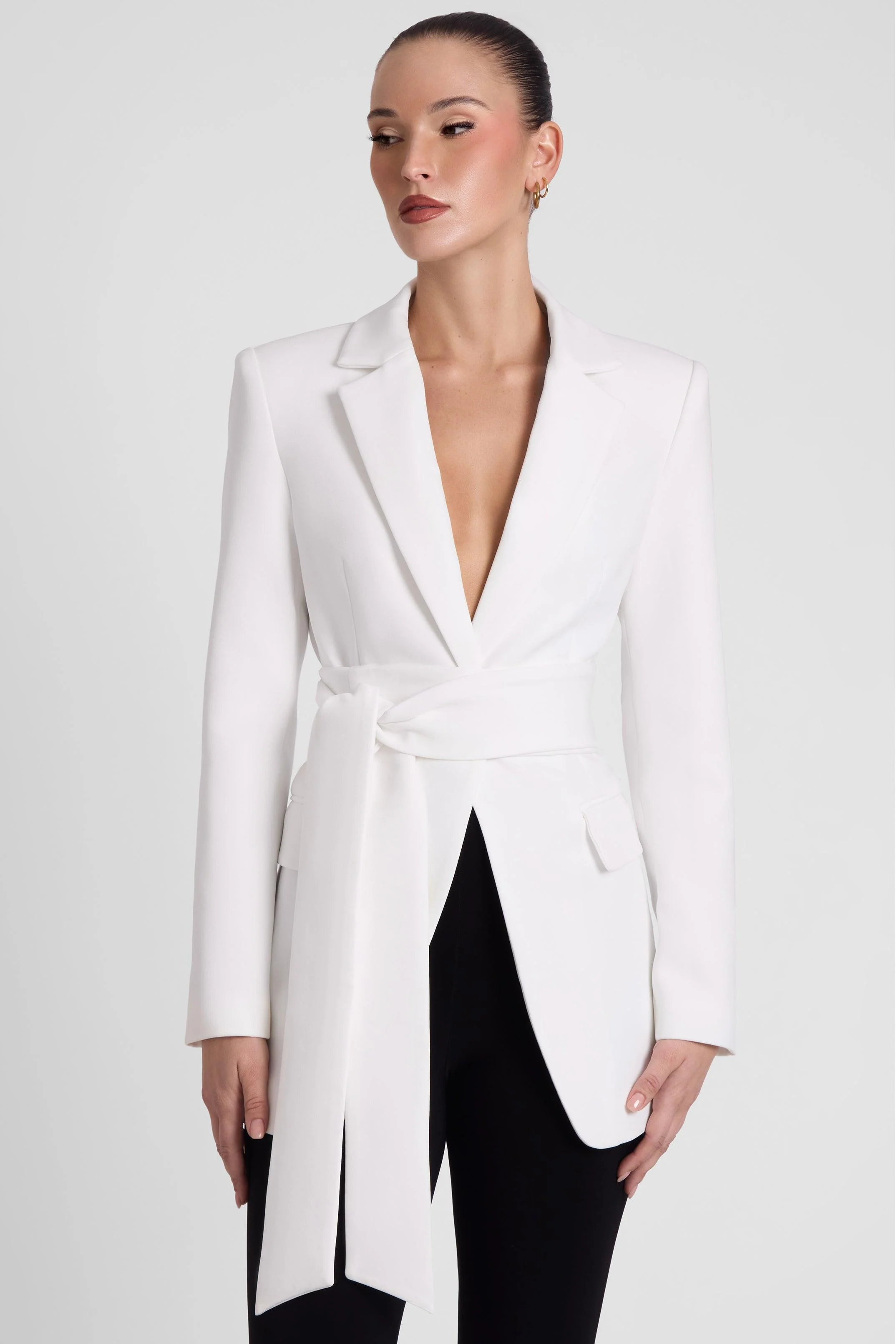 Classic Column Tailored Belted Blazer - White - Image 3
