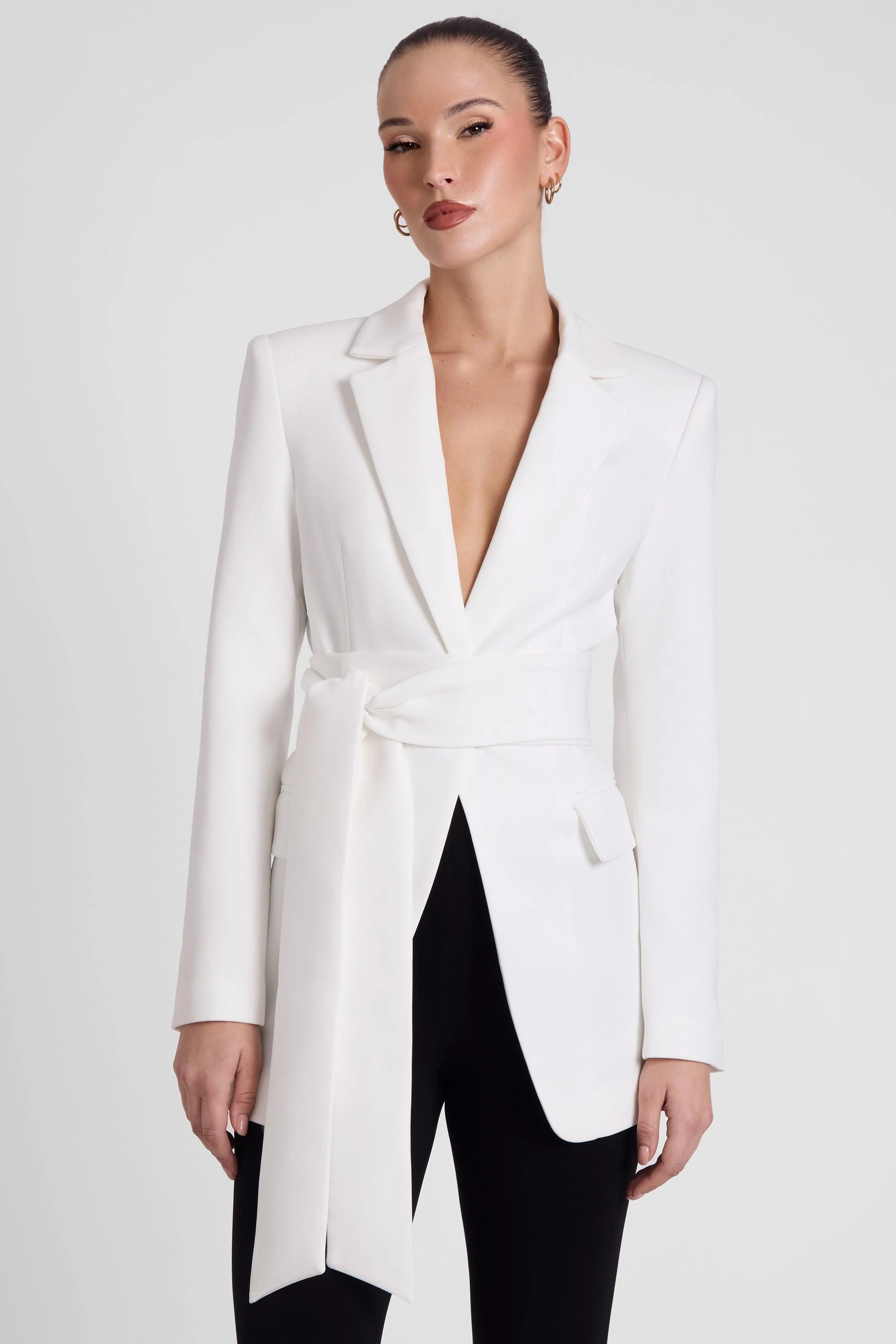 Classic Column Tailored Belted Blazer - White - Image 4