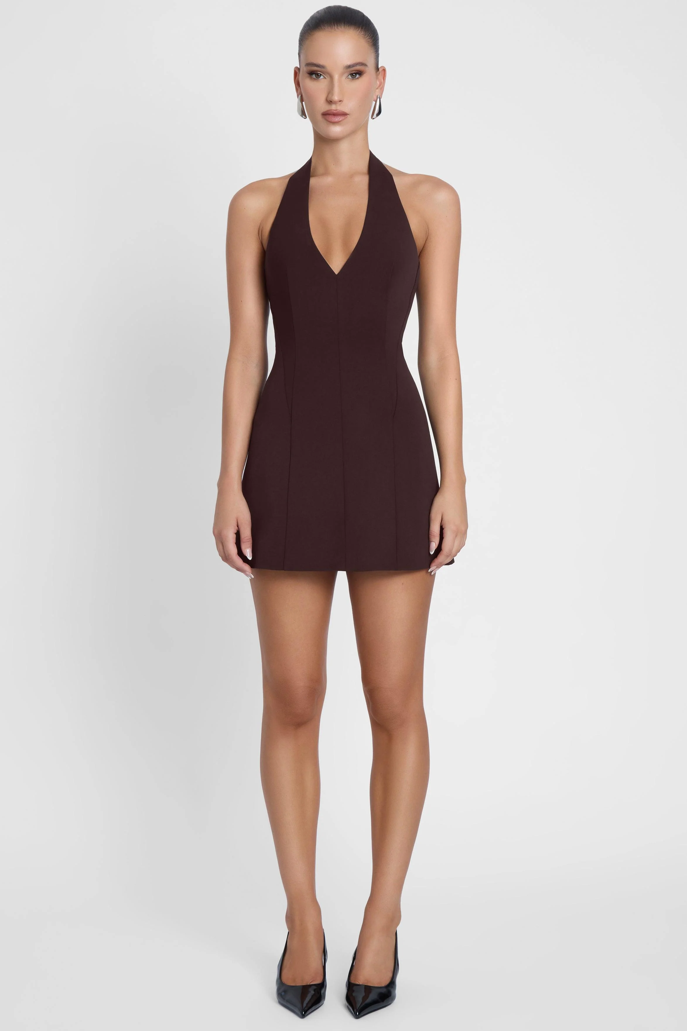 Hera Halter Mini Dress - Chocolate Brown - Image 3