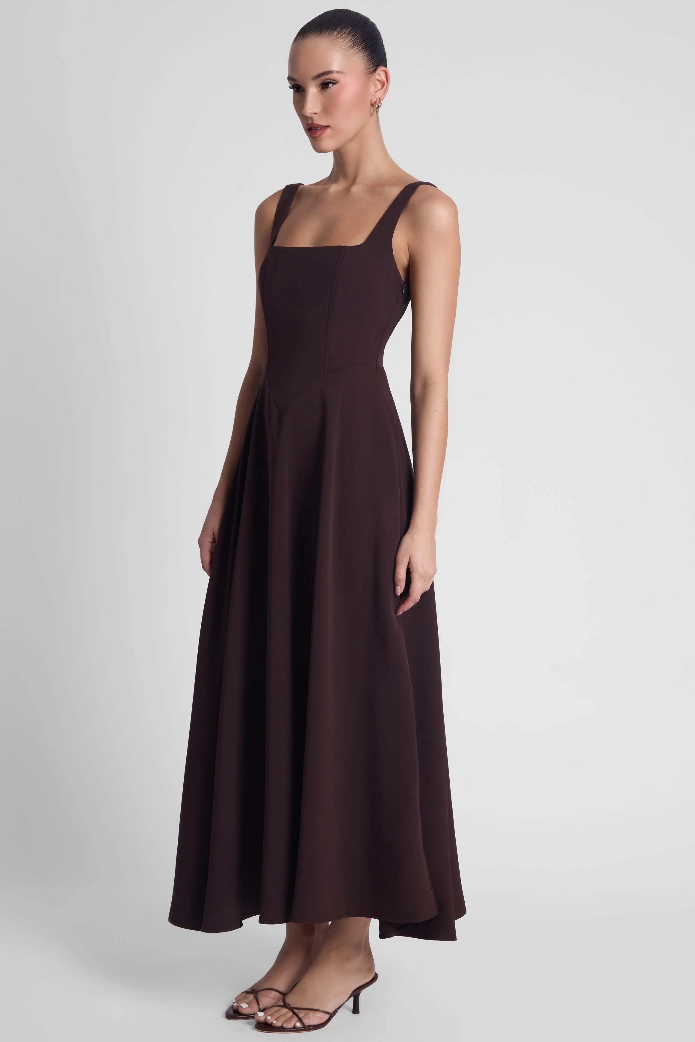Serenity Square Neck Corset Midi Dress - Chocolate Brown - Image 3