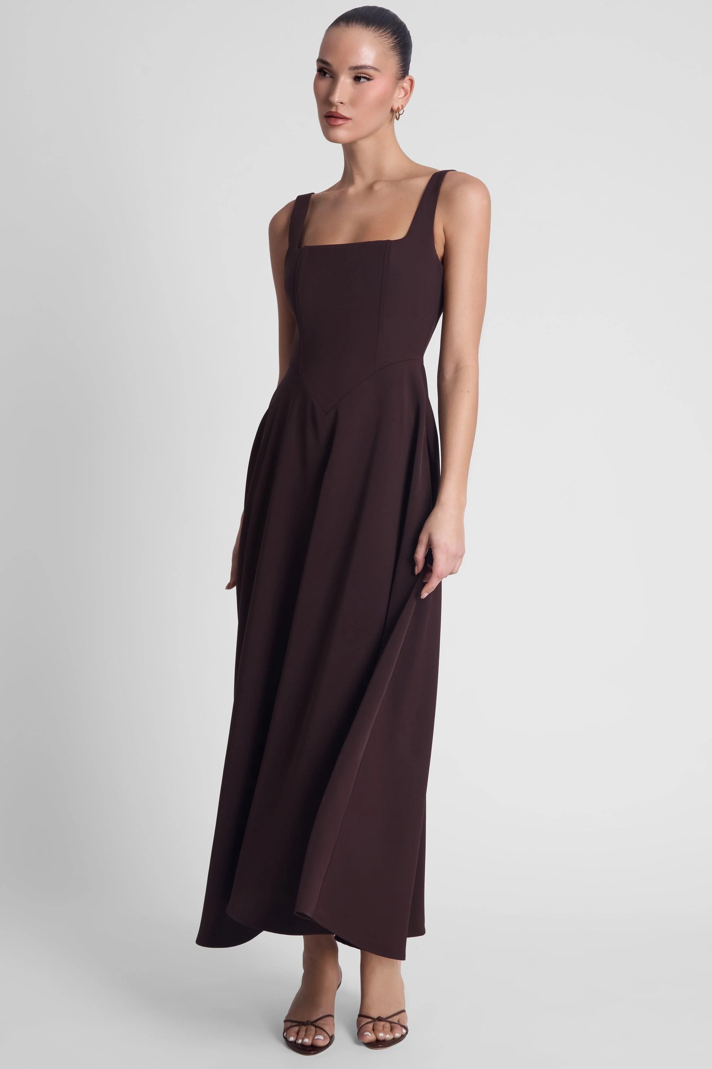 Serenity Square Neck Corset Midi Dress - Chocolate Brown - Image 4