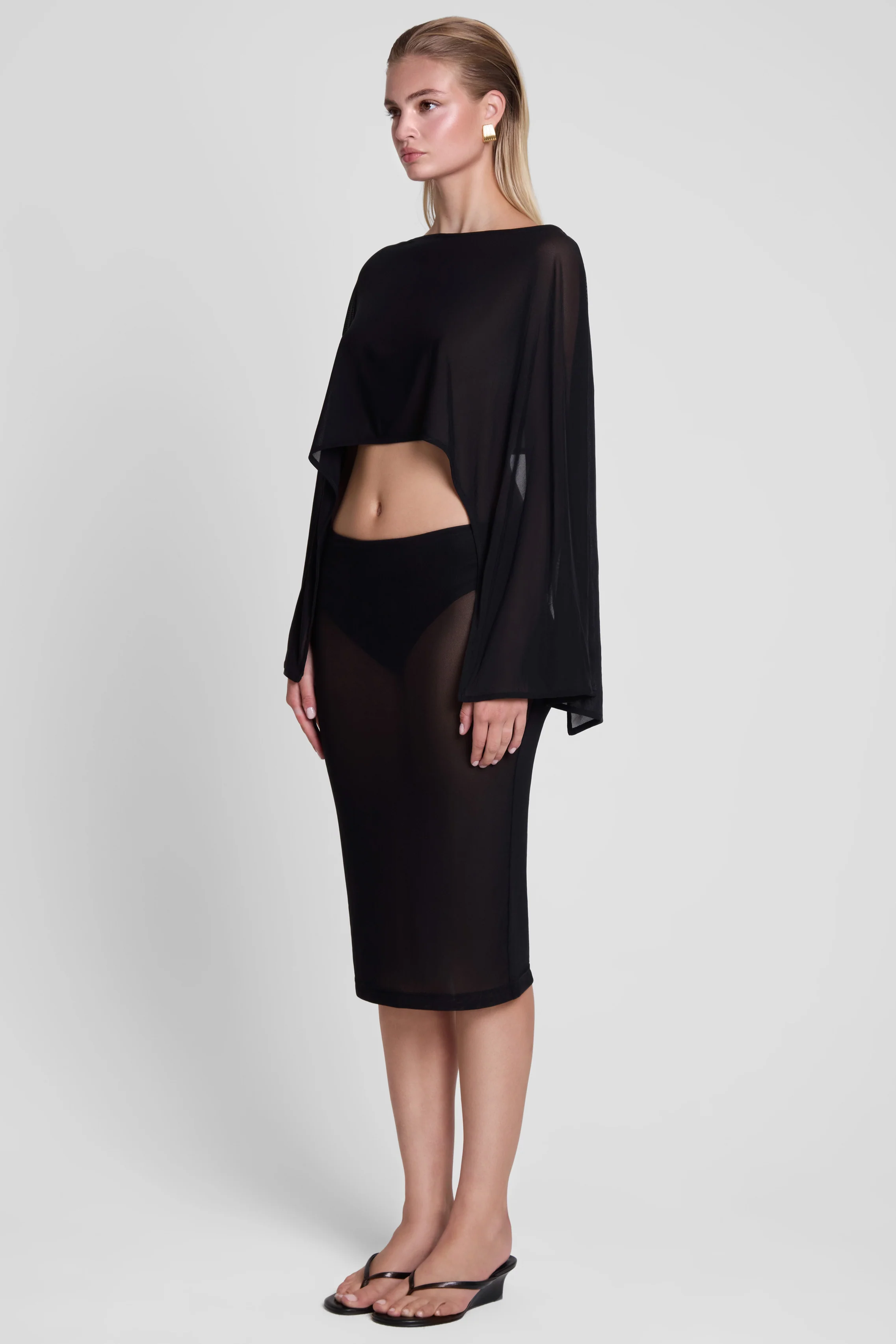 Vesper Sheer Mesh Knee Length Skirt - Black - Image 4