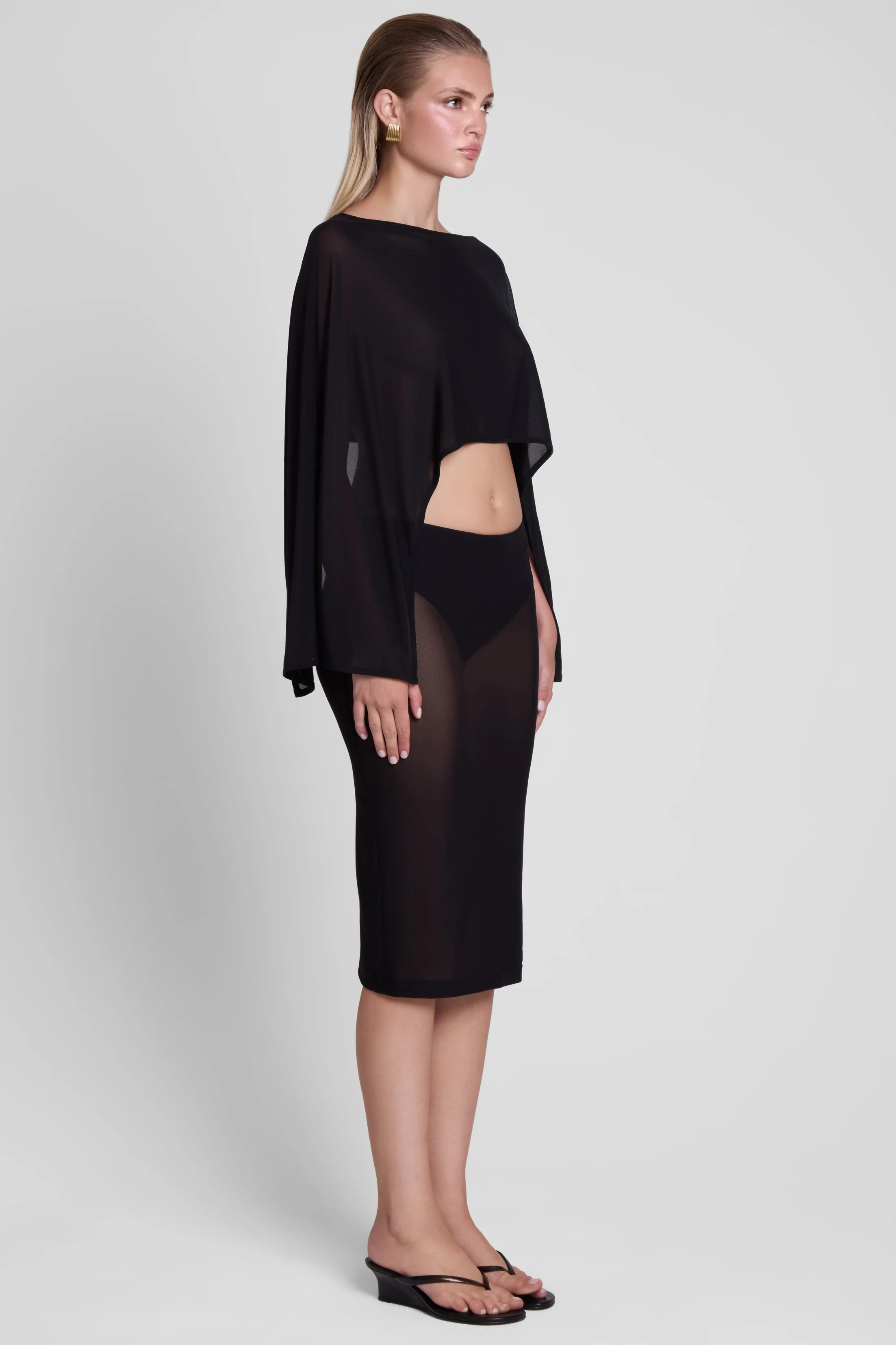 Vesper Sheer Mesh Knee Length Skirt - Black - Image 5